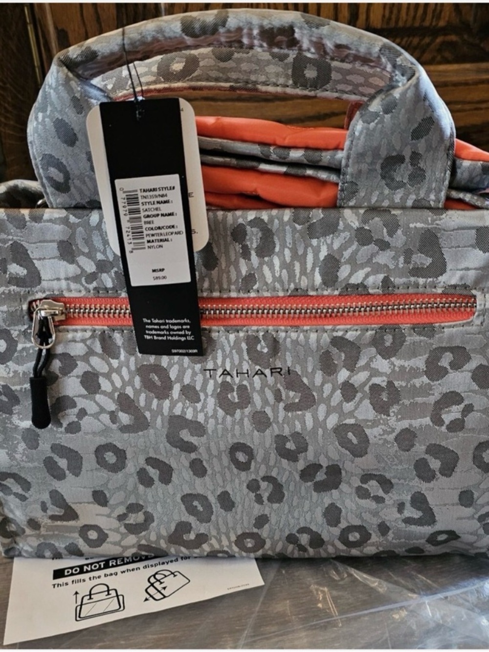 NWT Tahari Bree Pewter Leopard-Nylon Satchel w/Orange crossbody strap